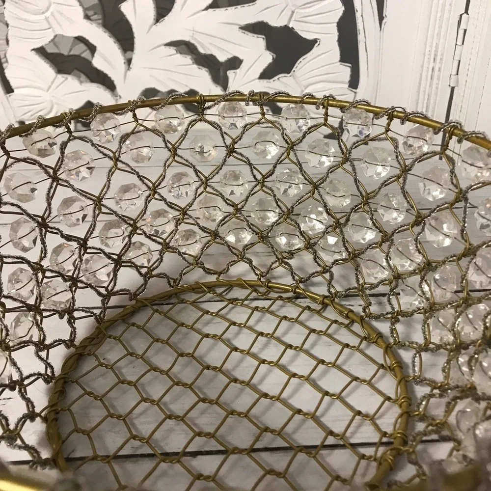 Rustic Vintage Wire Beaded Basket with Crystal Accents, Gold-Tone Tabletop Decor